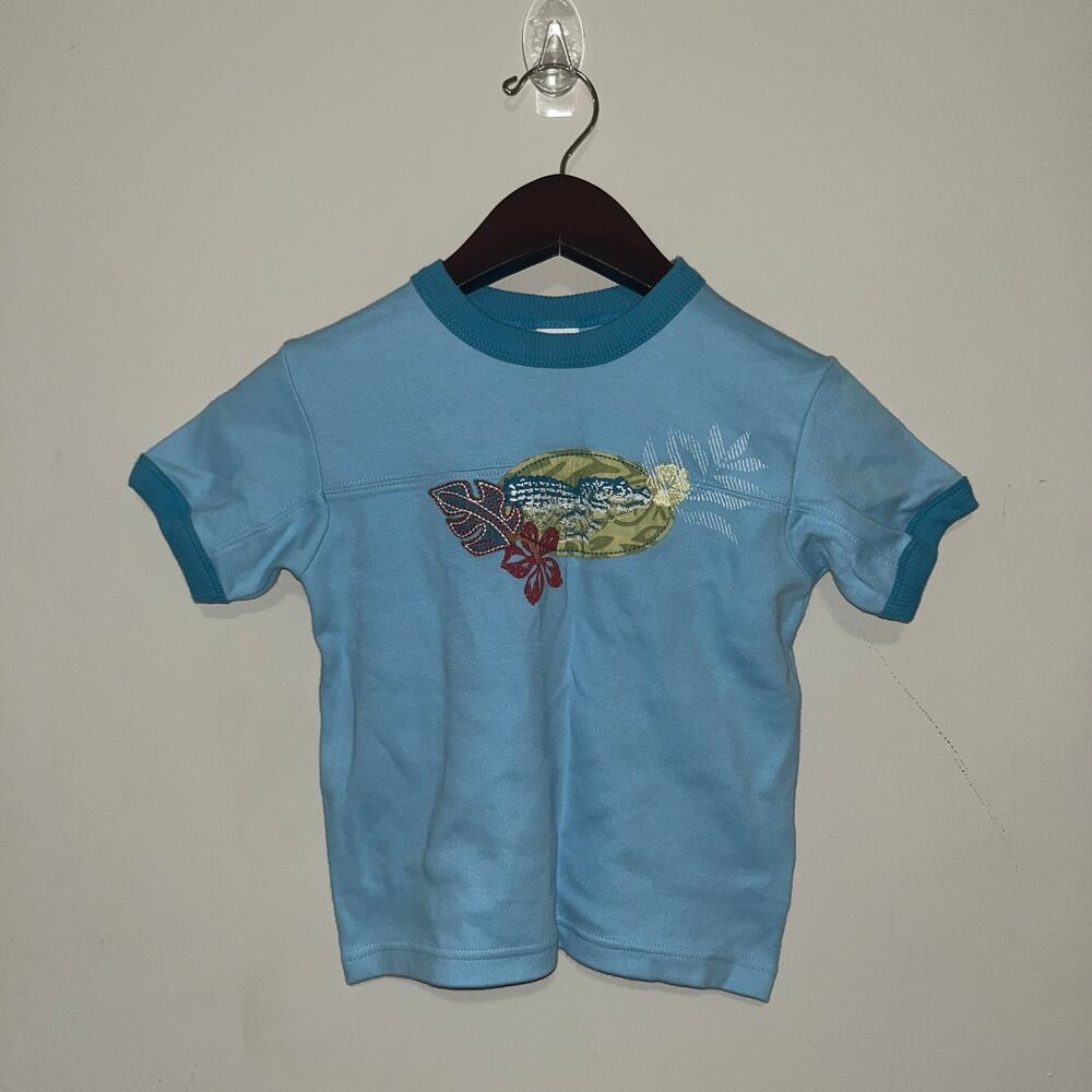 Vintage Y2K Blue Embroidered Hibiscus Floral Ringer T-Shirt Size 4 (0792)